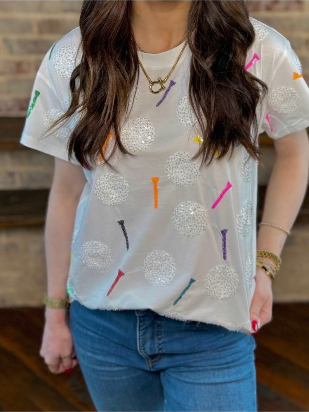QUEEN OF SPARKLES White Short Sleeve Tee with Multicolor Embellishments